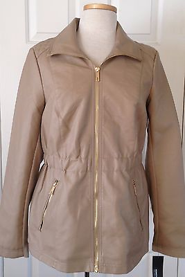 #ad NWT Womens Kenneth Cole Reaction Full Zip Faux Leather Knit Jacket Khaki Beige M