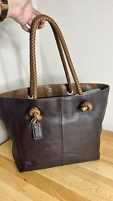 #ad Clark’s Dark Brown Leather Tote Bag Weaved Knotted Handles Nautical Lg Satchel