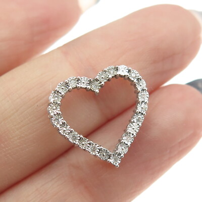 #ad 925 Sterling Silver Real Round Cut Diamond Heart Slide Pendant