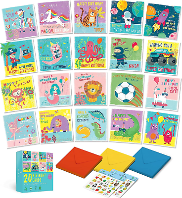 #ad Kids Birthday Cards Assortment Box of 20 Birthday Cards with Envelopes for Kids