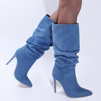 #ad Women#x27;s Denim Mid Calf Knee High Boots Fashion Pointy Toe Slouchy Stiletto