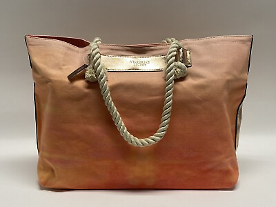#ad Victoria#x27;s Secret Tote Canvas Bag Peach Ombre Gold Travel Weekend Large Handbag