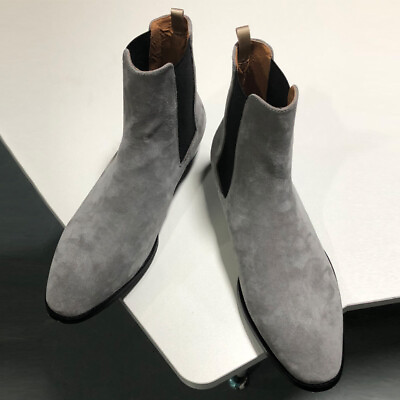 #ad 37 46 Pull On Pointed Toe Men#x27;s Chelsea Ankle Boots Real Suede Leather Mid Heels