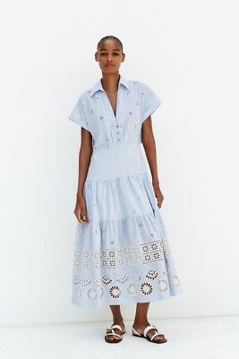 #ad Zara Cotton Embroidered Midi Shirt Dress Striped Blue White Large UK 12 Bnwt