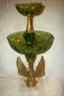 #ad 1960s EARLY AMERICAN BRASS EAGLE GREEN GLASS MARBLE 2 TIER COMPOTE MID CENTURY
