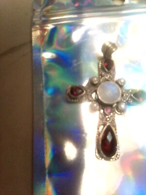 #ad Beautiful Moonstone Sterling Silver Cross Pendant With Garnet Stones And Pearls