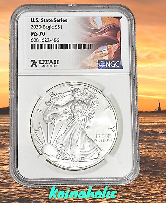 #ad 2020 American Silver Eagle U.S. State Series #x27;Utah#x27; NGC MS70 Only 7k Minted
