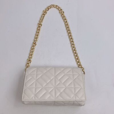 #ad Quilted Creme Chain Strap Handbag purse clutch Lined Zip pocket Snap close New