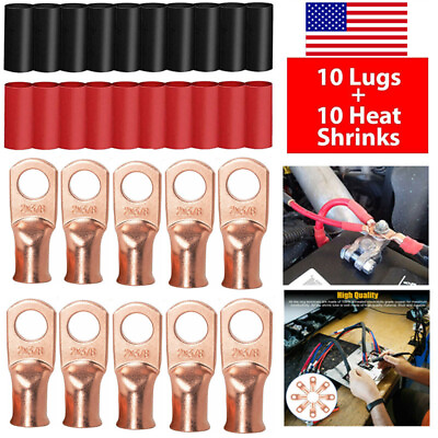 #ad 20PCS 2 AWG 3 8quot; Gauge Copper Lugs w BLACK amp; RED Heat Shrink End Ring Terminals