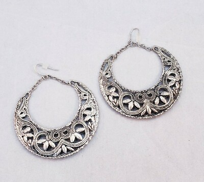 #ad Large Hoop Double Sided Paisley Detailed Silver Tone Metal Earrings