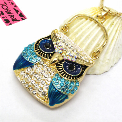 #ad Hot Blue Enamel Cute Owl Handbag Crystal Holiday gifts Pendant Women Necklace
