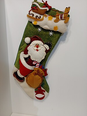 #ad Christmas Stocking Santa Holding Gift Sack Sleid Reindeer Red Green Beige