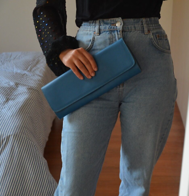 #ad Women blue leather clutch bag