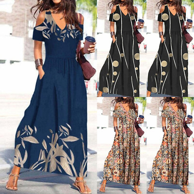 #ad Womens Cold Shoulder Boho Long Maxi Dress Ladies Summer Sundress Holiday Beach