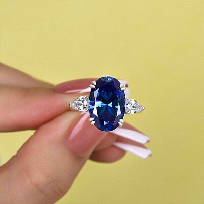 #ad 3.5 Ct Blue Sapphire Lab Created Three Stone Ring In 925 Sterling Silver Ring