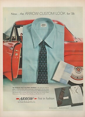#ad 1955 Arrow Custom Look Shirts Merry Christmas Red Ford Thunderbird Vtg Print Ad
