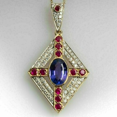 Cross Women#x27;s Pendant With Chain 4.55Ct Oval Sapphire amp; Ruby 14k White Gold Over