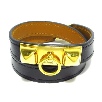 #ad Auth HERMES Rival Double Tour Black Gold Leather Hardware X Bracelet