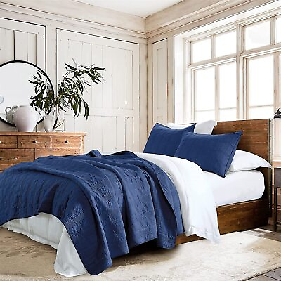 #ad 100% Cotton Quilt Set Twin Size Navy Blue Pre Washed 2 Piece Bedspread Coverlet