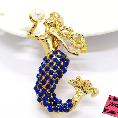 #ad Hot Blue Enamel Cute Mermaid Pearl Crystal Fashion Women Charm Brooch Pin