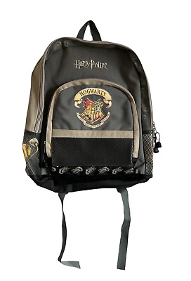 #ad VTG Harry Potter Hogwarts House Emblem Backpack 2001 Grey Golden Snitch Accent