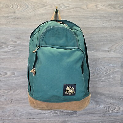#ad Vintage Eddie Bauer Backpack Leather Bottom Canvas Green Rucksack Bag Hiking