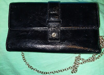 #ad Halogen Women#x27;s Black Leather Crossbody Wallet Bag Silver Metal Chain Strap