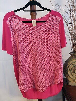 #ad Faded Glory womens L pink orange top scoop neck solid pink SS high low EUC