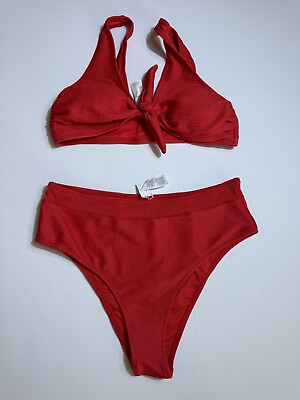 #ad CUPSHE Bikini Set for Women Two Piece Swimsuits High Waist Red Sz XL