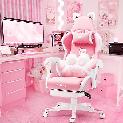 #ad Pink Gaming Chair with Cat Paw Lumbar Cushion and Cat Ears Ergonomic Compute...