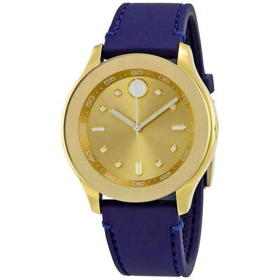 #ad MOVADO BOLD 3600413 GOLD TONE DIAL BLUE SILICONE BAND WOMENS WATCH