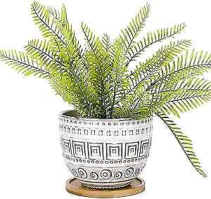 #ad 5.5 inch Large Round Bohemian Style Ceramic Planter Geometry Engrave 5.5quot; #04