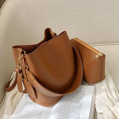 2pcs set Leather Handbags Casual Tote Black Bucket Women Shoulder Crossbody Bag $44.99