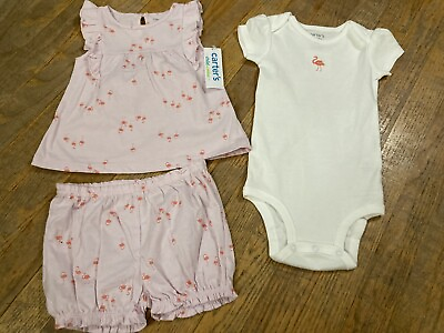 #ad Carter#x27;s Girl’s 18 Months 3 Piece Outfit White Pink Flamingo NWT