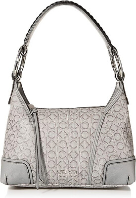 #ad Calvin Klein Ivy Novelty Small Hobo Grigio Ivory Printed Jacquard