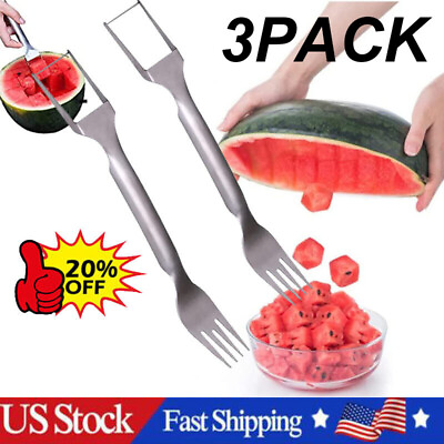 #ad 3PCS Watermelon Slicer Cutter2 in 1 Fork Stainless Steel Fruit Cutting Artifact