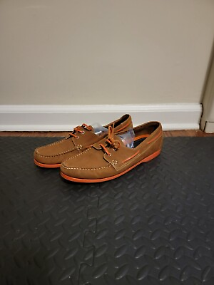 #ad 14th amp; Union Brown Leather Boat Shoe Top Sider w Orange Sole amp; Laces Men#x27;s 14