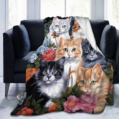 #ad Cat Blanket Cute Flower Animal Throw Print Blanket Flannel Plush Bedding Blan...