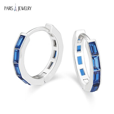 #ad Paris Jewelry 18K White Gold Created Blue CZ 3Ct Huggie Hoop Earrings Plated
