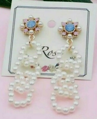 #ad Long Earrings Women Rhinestone Pink Blue Flower White Simulated Pearl Circles