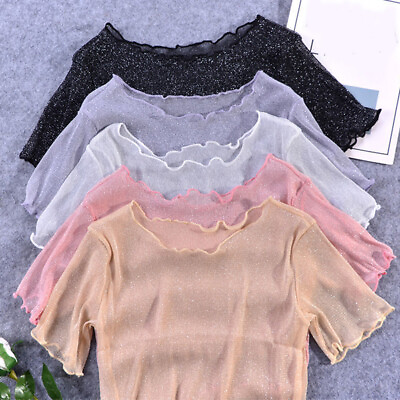 #ad Sexy Mesh Cropped Top Women Summer See Through Party Club Short Sleeve Crop Tops