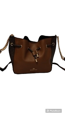 #ad Michael Kors Leather Phoebe Bucket Bag Crossbody Gold Robe Chain leather...