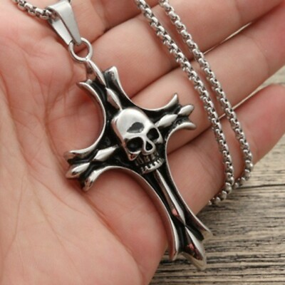 #ad Mens Gothic Skull Cross Pendant Necklace Biker Jewelry Stainless Steel Chain 24quot;