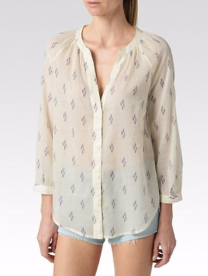 $159 NWT PAIGE SzM SAMMY BUTTON FRONT 3 4 SLEEVE SHEER TOP WHITE EVENING BLUE $49.00