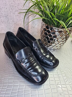 #ad Gucci Authentic Vintage Block Heel Loafers Black 6 1 2B