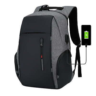 #ad Men#x27;s Anti Theft Large 17.3quot; Laptop Backpack USB Travel School Business Bag Gray