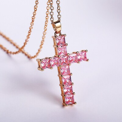 #ad Gold amp; Pink Cross Necklace CZ Cubic Zircon Diamond Pendant Jesus Church Bling