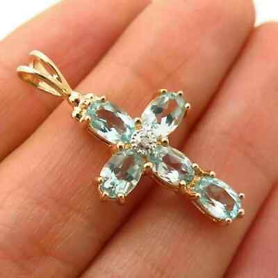 #ad 2.40Ct Oval Cut Aquamarine Cross Women#x27;s Pendant in 14k Yellow Gold Plated