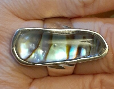 #ad Designer Fine Sterling Silver Overlay Abalone Shell Quartz Ring Size 8