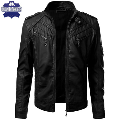 #ad Genuine Mens Stylish Biker Black Retro Motorcycle Leather Jacket Coat
